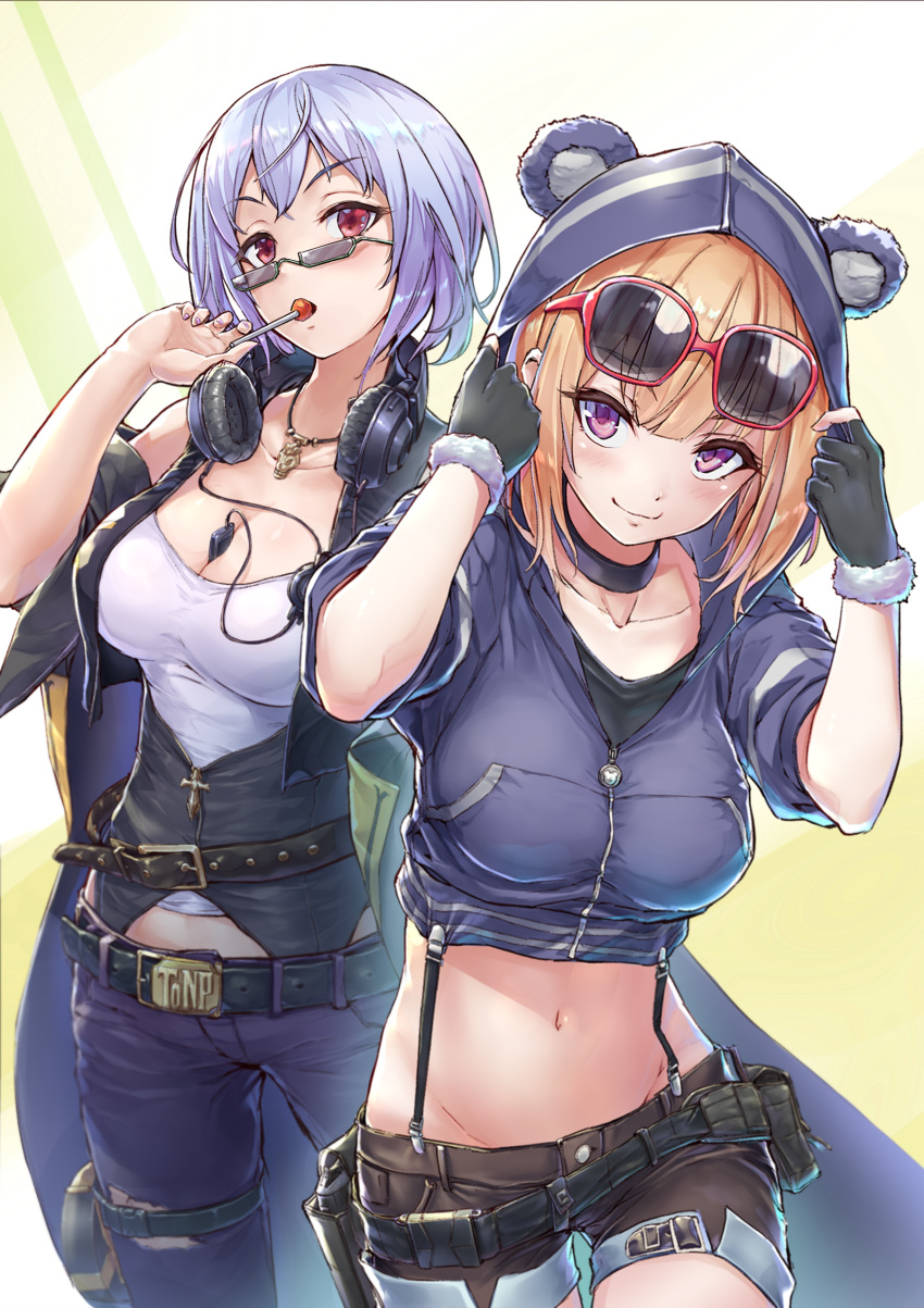 2girls alternate_costume animal_ears animal_hood bear_ears belt belt_buckle between_breasts breasts buckle candy cleavage denim denim_shorts digital_media_player eyewear_on_head fingerless_gloves food food_in_mouth girls'_frontline gloves grizzly_mkv_(girls'_frontline) headphones headphones_around_neck highres holster holstered_weapon hood hooded_jacket jacket jeans lollipop looking_over_eyewear looking_over_glasses medium_breasts multiple_girls navel orange_hair pants potato_tacos purple_eyes purple_hair red_eyes short_shorts shorts sunglasses thompson_(girls'_frontline) tinted_eyewear