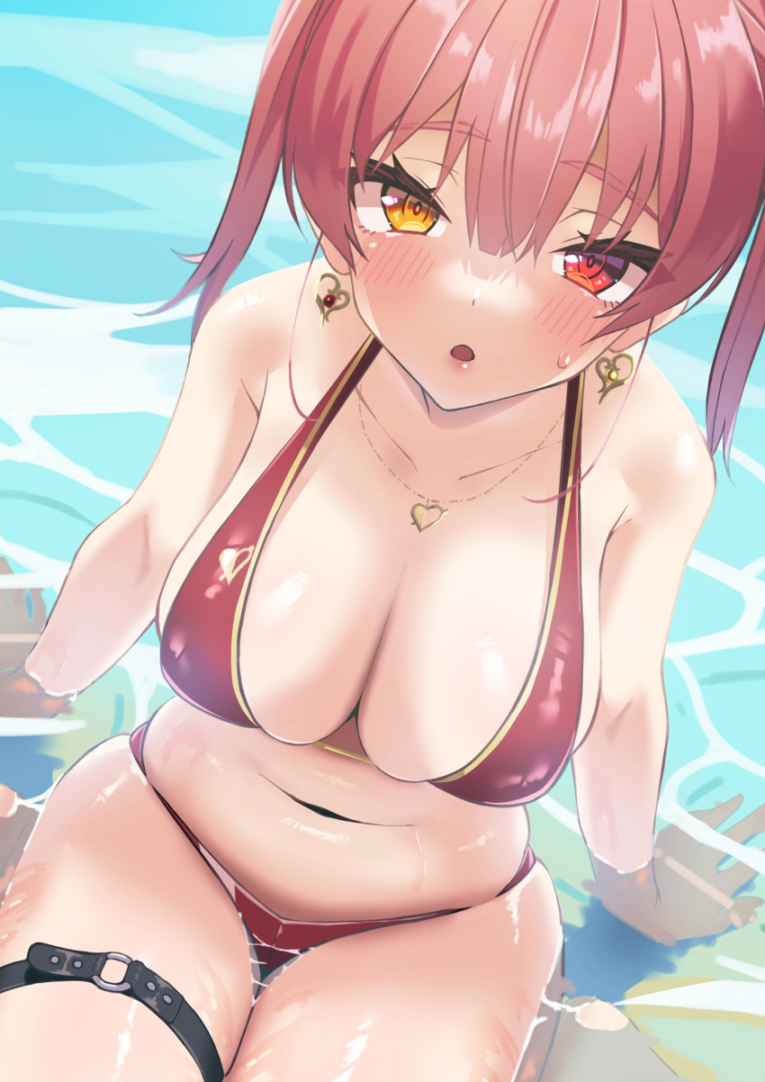 :o bikini blush breasts earrings eyebrows_visible_through_hair female garters heart heart_earrings heart_necklace heterochromia highres hololive hololive_fantasy hololive_japan houshou_marine jewelry large_breasts looking_at_viewer navel necklace red_bikini red_eyes red_hair shimaketa sitting string_bikini swimsuit twintails virtual_youtuber water wet yellow_eyes