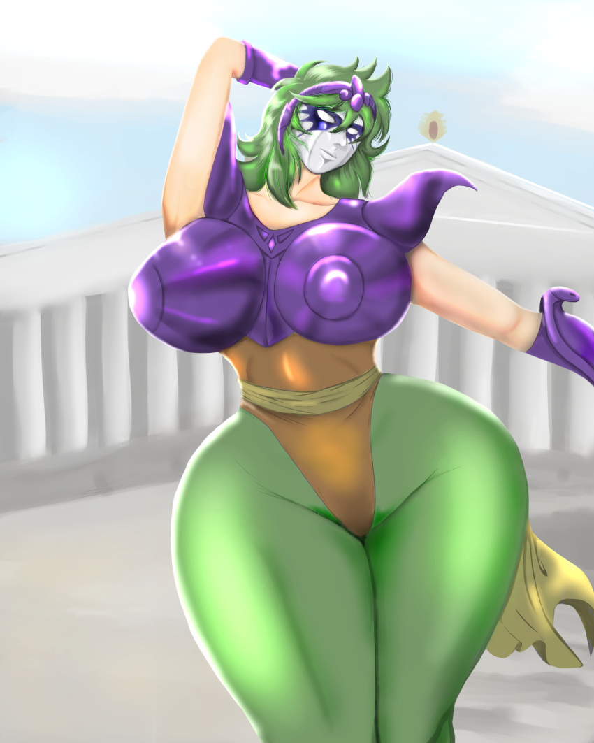 1girls armor big_ass big_breasts breasts female green_hair human light-skinned_female light_skin long_hair mask neutral_mask ophiuchus_shaina saint_seiya sanctuary shounen_jump silver_saints solo thick_thighs wide_hips