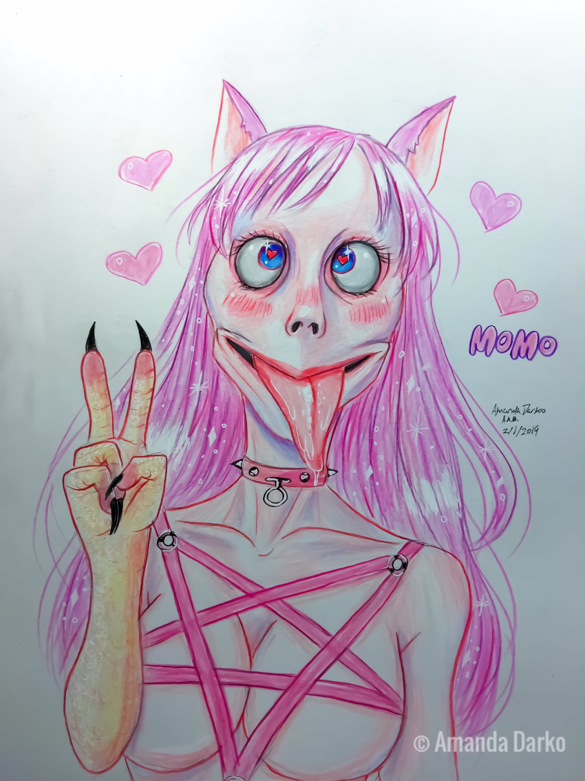 <3_eyes 1girl 1girls 2019 ahe_gao amandadarko blush breasts cat_ears claws collar creepypasta female female_only harness heart heart-shaped_pupils long_hair looking_at_viewer momo_(creepypasta) nightmare_waifu pentagram pentagram_harness pink_hair simple_background skimpy smile solo spiked_collar tongue tongue_out v why