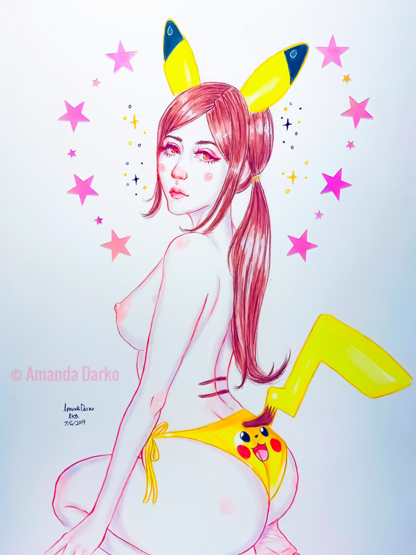 1girls 2019 amandadarko ass breasts brown_hair cosplay fake_ears fake_tail feet female female_only half-closed_eyes kneeling long_hair looking_at_viewer looking_back looking_back_at_viewer nintendo nipples panties pikachu_(cosplay) pokemon pokemon_(cosplay) pokemon_rgby rear_view simple_background sketch soles solo tail text thick_thighs tied_hair topless traditional_media_(artwork) watermark wide_hips