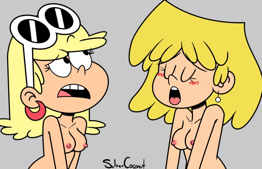 2girls blonde_female blush breasts closed_eyes earrings female female_only human leni_loud lori_loud multiple_females multiple_girls nipples open_mouth silvercoconut sisters straight_hair sunglasses sunglasses_on_head the_loud_house