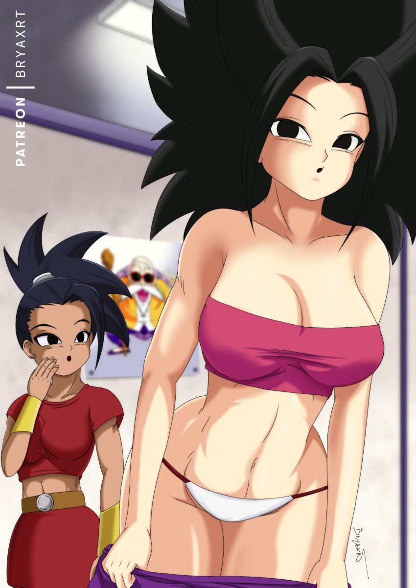 2girls big_breasts black_eyes black_hair breasts bryaxrt caulifla dragon_ball dragon_ball_super female female_only kale light-skinned_female light_skin long_hair multiple_girls ponytail saiyan spiky_hair thick_thighs undressing