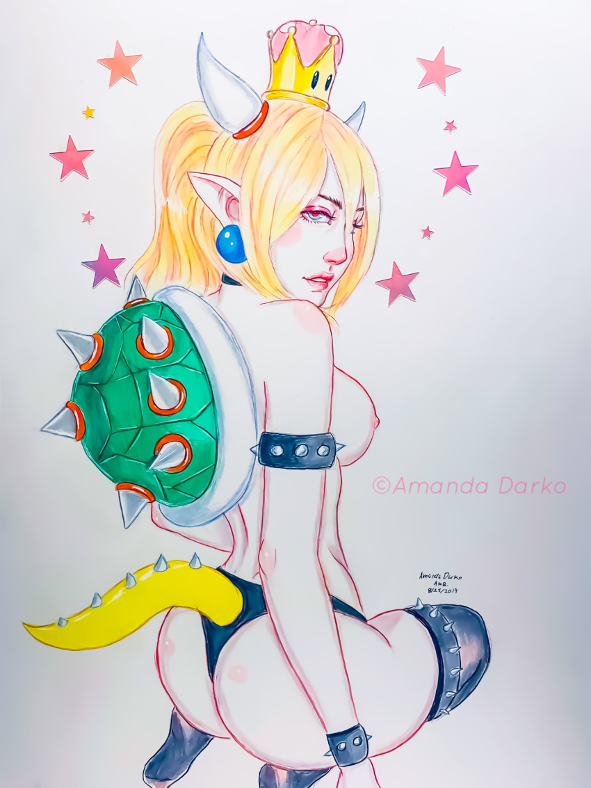 1girls amandadarko ass blonde_hair bowsette breasts crown female female_only genderswap half-closed_eyes horns kneehighs kneeling looking_at_viewer looking_back mario_(series) new_super_mario_bros._u_deluxe nipples panties pointy_ears rear_view rule_63 shell sideboob simple_background solo spiked_bracelet spikes topless traditional_media_(artwork)