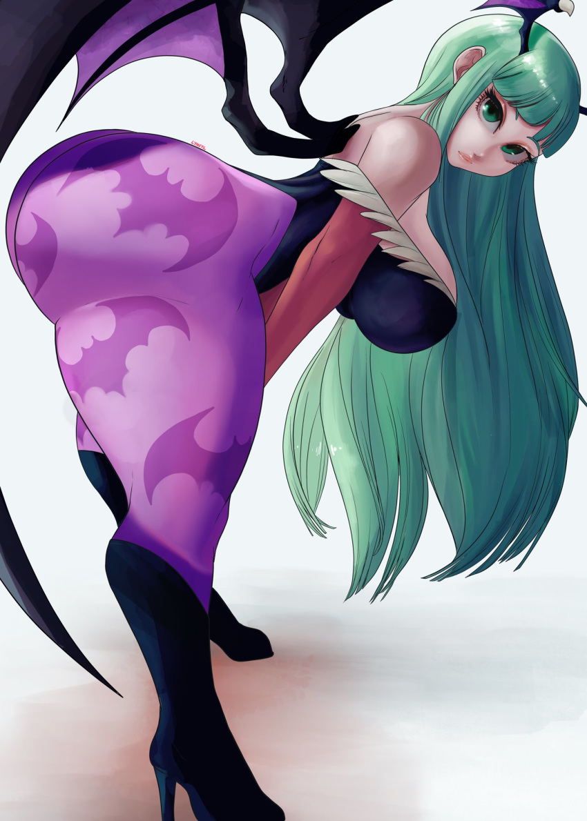 big_ass big_breasts capcom clothing darkstalkers demon_girl female female_only green_hair head_wings high_heel_boots high_heels large_breasts long_hair lyn_nyl mature_female morrigan_aensland solo solo_female solo_focus succubus thick_thighs thighhigh_boots