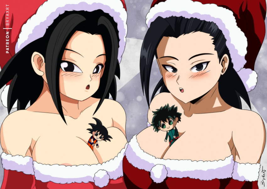 2boys 2girls big_breasts black_eyes black_hair blush bryaxrt caulifla christmas christmas_outfit cleavage doll dragon_ball dragon_ball_super green_hair izuku_midoriya long_hair looking_at_viewer momo_yaoyorozu my_hero_academia saiyan spiky_hair