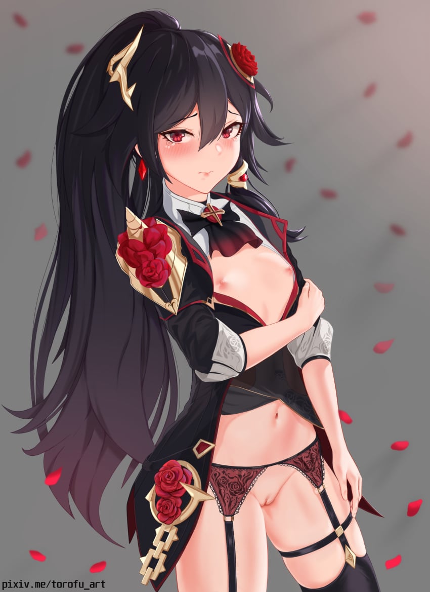 absurdres bangs belly black_dress black_hair breasts closed_mouth dress embarrassed eyebrows_visible_through_hair female flower fu_hua garter_straps hair_between_eyes hair_flower hair_ornament highres honkai_impact long_hair long_sleeves looking_at_viewer navel nipples ponytail pussy red_eyes red_flower rose small_breasts solo thighhighs thighs torofu