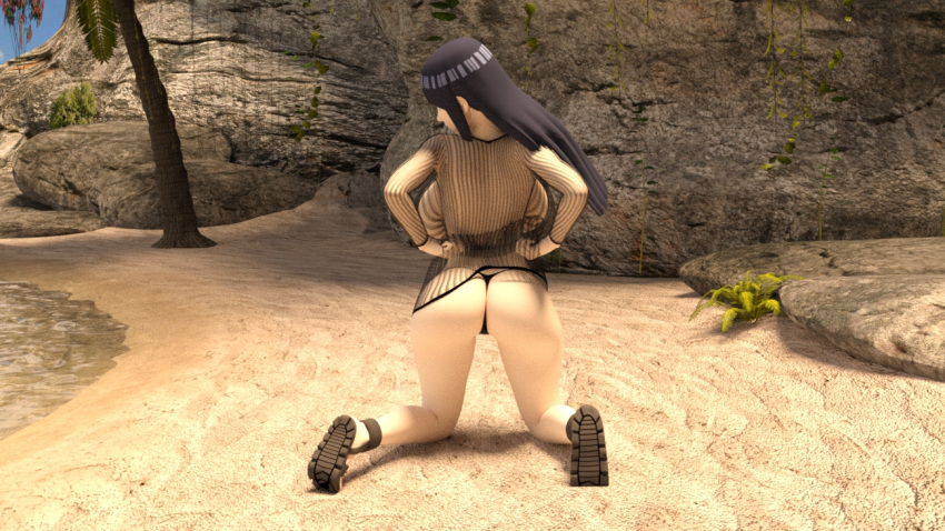 3d 3d_(artwork) beach female hyuuga_hinata large_breasts mesh_shirt mesh_top naruto naruto_(series) naruto_shippuden solo_female string_panties the8bitter_(artist)