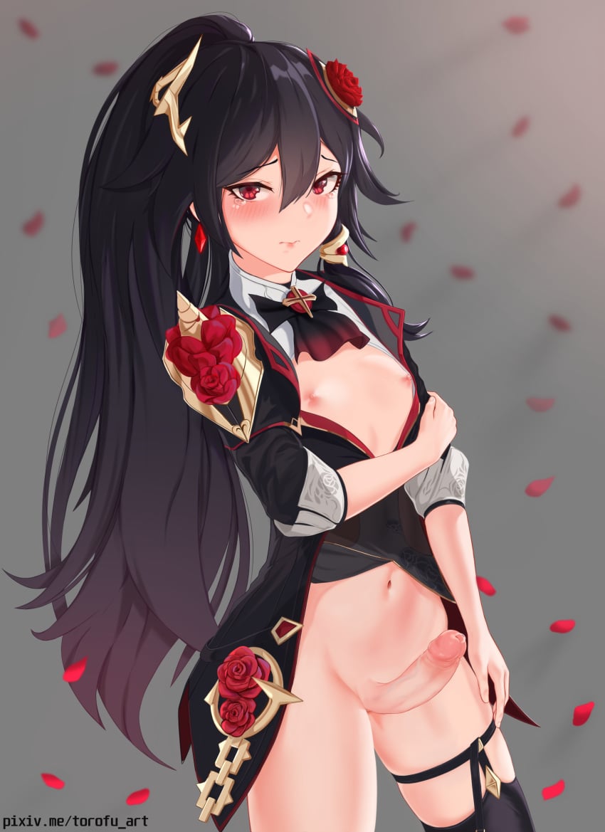 1futa absurdres bangs belly black_dress black_hair breasts closed_mouth dress embarrassed eyebrows_visible_through_hair flat_chest flat_chested flower fu_hua futanari garter_straps hair_between_eyes hair_flower hair_ornament highres honkai_(series) long_hair long_sleeves looking_at_viewer navel penis ponytail red_eyes red_flower rose small_breasts thighhighs torofu