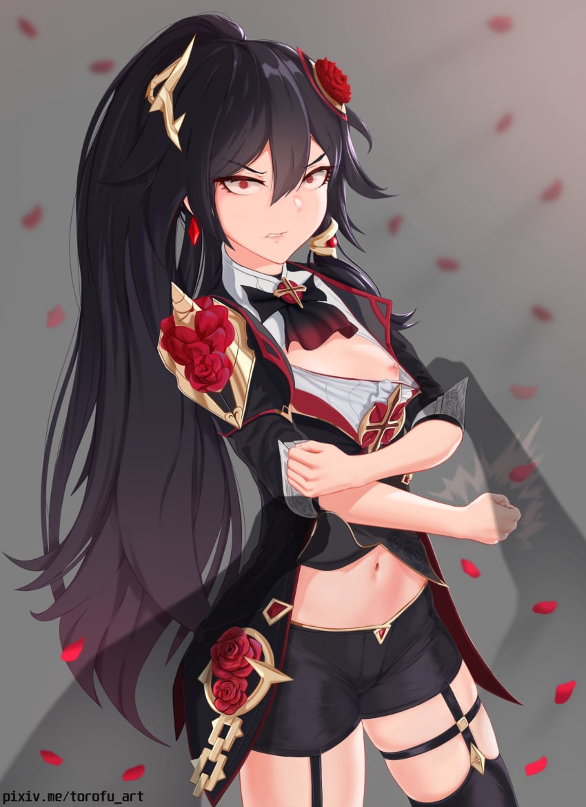 absurdres angry bangs belly black_dress black_hair breasts clenched_hands dress eyebrows_visible_through_hair female flower fu_hua garter_straps hair_between_eyes hair_flower hair_ornament highres honkai_impact long_hair long_sleeves looking_at_viewer navel nipples open_mouth ponytail red_eyes red_flower rose small_breasts solo thighhighs thighs torofu