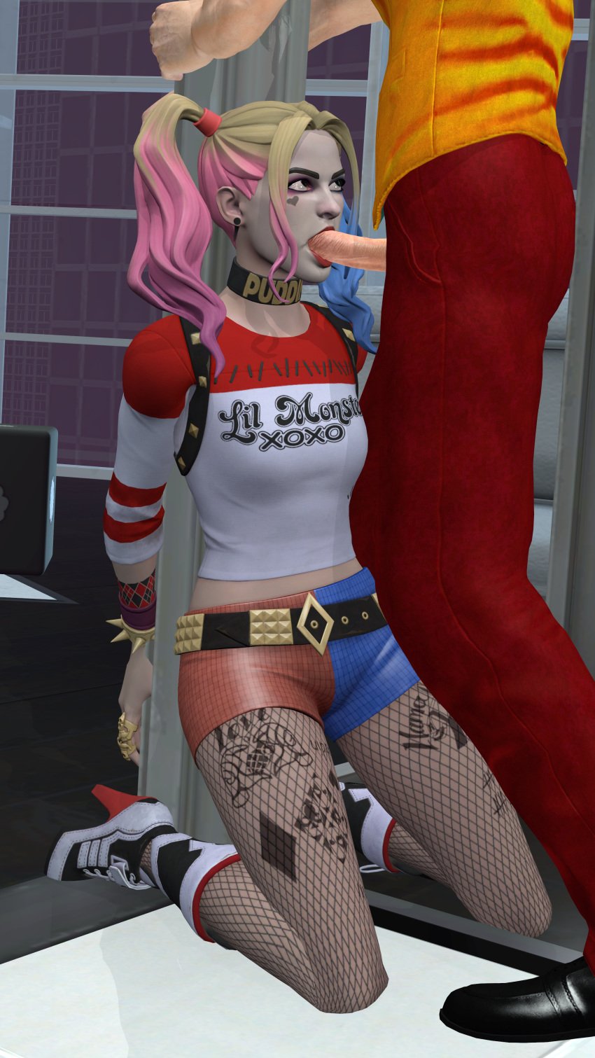 1boy 1girls 3d against_pillar angry angry_fellatio batman_(series) blonde_hair blowjob blue_eyes boots choker collar colored_hair dc dc_comics egirl eye_contact eyelashes eyeshadow female female_focus fishnet fishnets forced forced_oral fortnite fortnite:_battle_royale hands_behind_back harley_quinn harley_quinn_(fortnite) heel_boots heels helpless looking_up makeup mascara medium_breasts multicolored_hair naughty_face oral pale_skin rape red_lipstick seductive seductive_eyes shorts slim suicide_squad suicide_squad_(2016) tattoo tied_to_pole tied_up twintails variatec