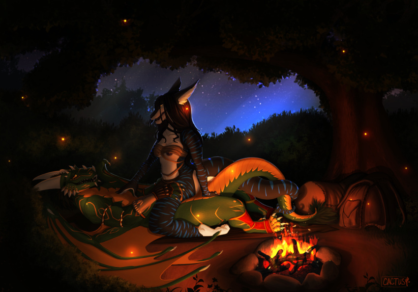 2018 anthro anthro_on_anthro argonian arthropod avaetre avaetre_(abyssaldemon) beetle belly_scales bethesda_softworks black_body black_scales campfire cowgirl_position detailed_background dragon duo elateroid entwined_tails eye_contact female female_penetrated fire firefly green_body green_scales hand_on_torso horn insects looking_at_another male male_penetrating male_penetrating_female markings membrane_(anatomy) membranous_wings night on_top outside penetration scales scalie sex skal-tel straight striped_body stripes tail_coil the_elder_scrolls tinycactus video_games wings