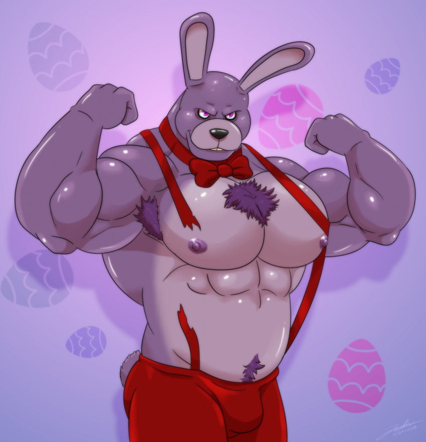 abs bonnie_(fnaf) clothing five_nights_at_freddy's lagomorph male male_only miguel_okami muscles muscular nipples overalls pants pecs rabbit solo