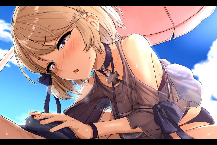 1boy 1girls alternate_costume aoi_tiduru azur_lane bangs bare_shoulder bare_shoulders beach_umbrella bikini black_bikini black_choker blonde blonde_female blonde_hair blonde_hair_female blue_eye blue_eyes blue_eyes_female blue_sky blush blushing blushing_female boner boner_in_pants boobs breasts brown_hair bulge choker cloud clouds cloudy_sky collarbone commentary_request cross day erect erect_penis erection erection_under_clothes erection_under_clothing eyebrows_visible_through_hair eyelashes eyelashes_visible_through_hair female grabbing grabbing_penis handjob handjob_over_clothes heavy_breathing highres iron_cross letterboxed medium_breasts nose_blush open_mouth outdoors parasol penis penis_grab penis_under_clothes pointy_chin see-through sheer_clothes shiny shiny_skin short_hair sky solo_focus sweat swimsuit tease teasing teasing_penis teasing_viewer tits umbrella wet z23_(azur_lane) z23_(breezy_doubles)_(azur_lane)