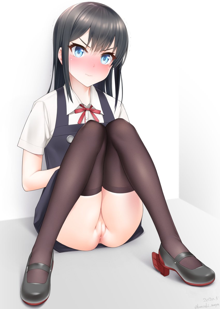 asashio_(kantai_collection) bottomless heels innie_pussy kantai_collection kanzaki_muyu knees_together_feet_apart legs_together legwear nopan photoshop pussy seifuku skirt_lift thighhighs uncensored