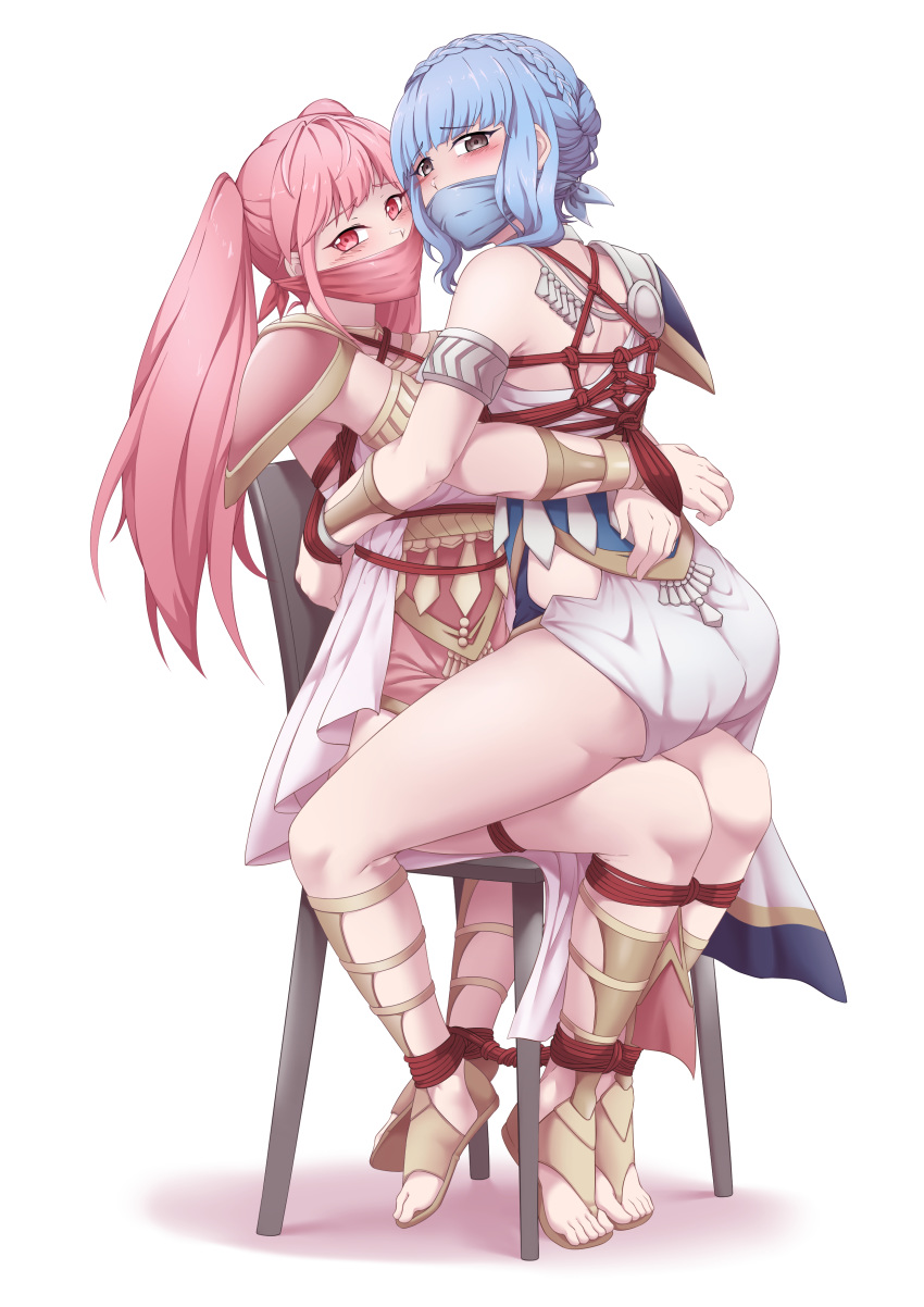 2girls adzuqi ass bare_legs bare_thighs blue_hair blush bondage bound_to_chair bound_together braid brown_eyes dancer dancer_(three_houses) dancer_outfit female female_only femsub fire_emblem fire_emblem:_three_houses gag gladiator_sandals hilda_valentine_goneril light_blue_hair long_hair looking_at_viewer looking_back marianne_von_edmund medium_hair multiple_girls multiple_subs nintendo on_lap pink_eyes pink_hair punishment restrained rope rope_bondage sitting_on_lap thealagator thighs tied_together twintails