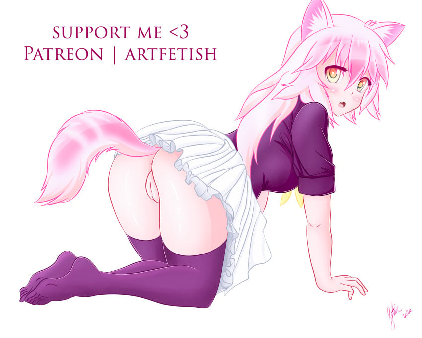 1girls absurdres animal_ears anus artfetish ass english_text female female_only highres light-skinned_female light_skin looking_back murenase!_seton_gakuen okami_ranka pussy skirt solo tail thighhighs toe_socks toes wolf wolf_ears wolf_girl wolf_tail