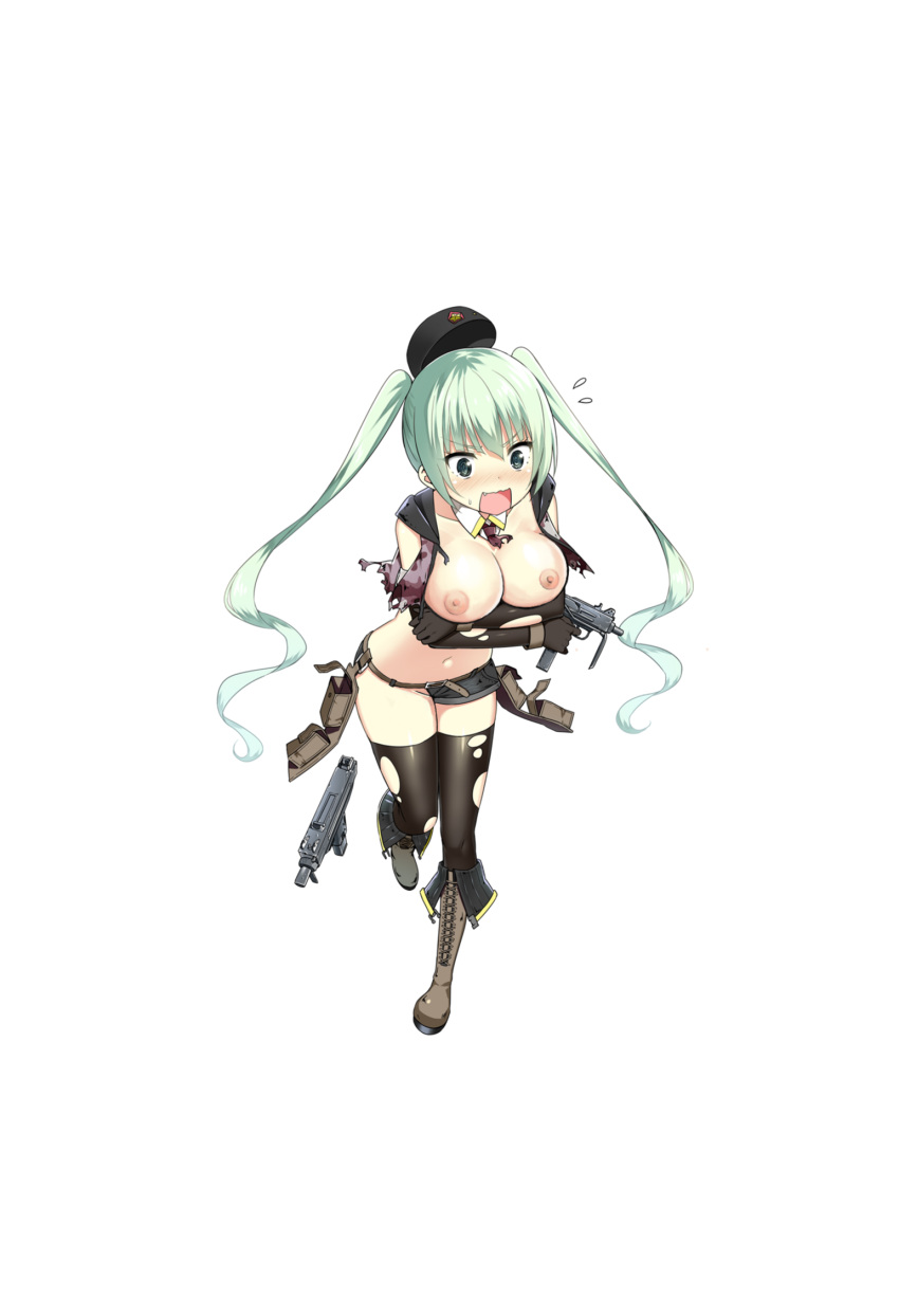 breasts female female_only girls'_frontline green_eyes green_hair gun hat knee_high_boots micro_uzi_(girls_frontline) mouth_open nipples ripped_clothes ripped_clothing solo thighhighs wardrobe_malfunction