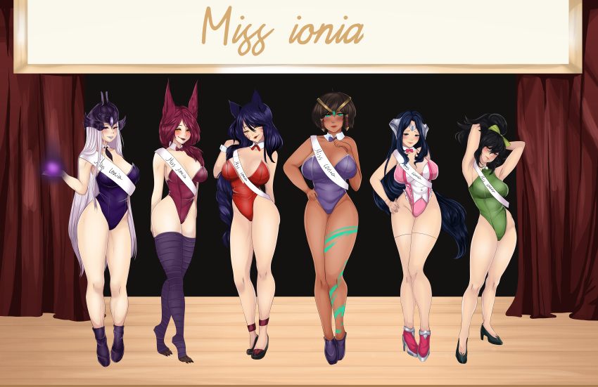 ahri akali armpits arms_up bare_legs big_breasts big_thighs black_hair blush breasts brown_skin bunnysuit contest curvy dark-skinned_female dark_skin female female_only high_heels irelia_xan karma_(league_of_legends) large_breasts league_of_legends multiple_girls ruricchi shepherd standing syndra thighhighs wide_hips xayah