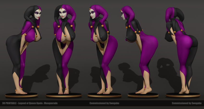 3d barefoot cleavage huge_breasts jester_cap jester_outfit legend_of_queen_opala masquerade_(legend_of_queen_opala) pose texelion thick_thighs