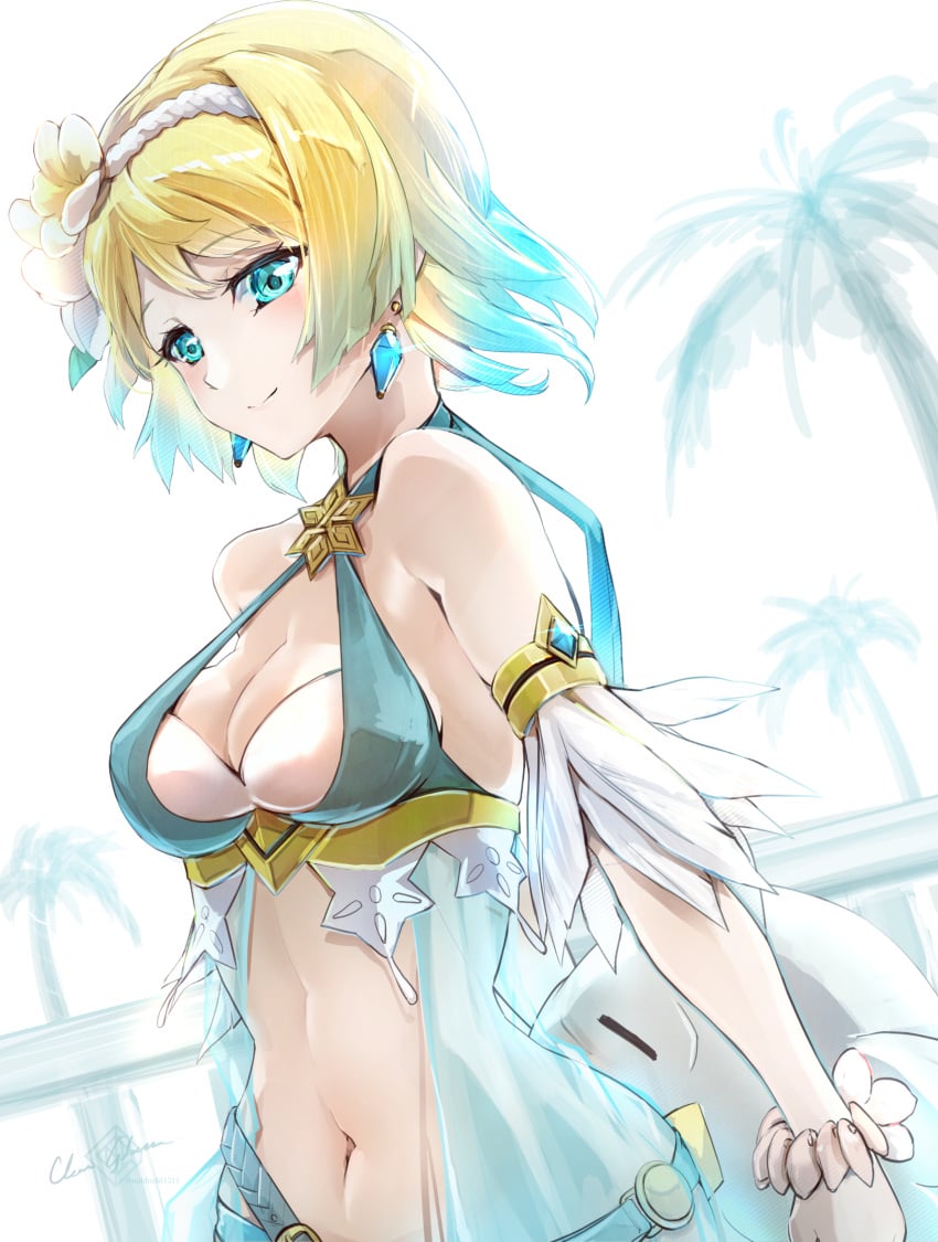 1girls alternate_costume bikini blonde_hair blue_bikini blue_eyes blue_hair blue_swimsuit breasts character_doll clear_glass_(mildmild1311) closed_mouth commentary_request earrings feh_(fire_emblem_heroes) female female female_only fire_emblem fire_emblem_heroes fjorm_(fire_emblem) fjorm_(summer)_(fire_emblem) flower gradient_hair hair_flower hair_ornament highres jewelry looking_at_viewer medium_breasts multicolored_hair navel nintendo official_alternate_costume short_hair signature smile solo stomach swimsuit two-tone_hair white_flower