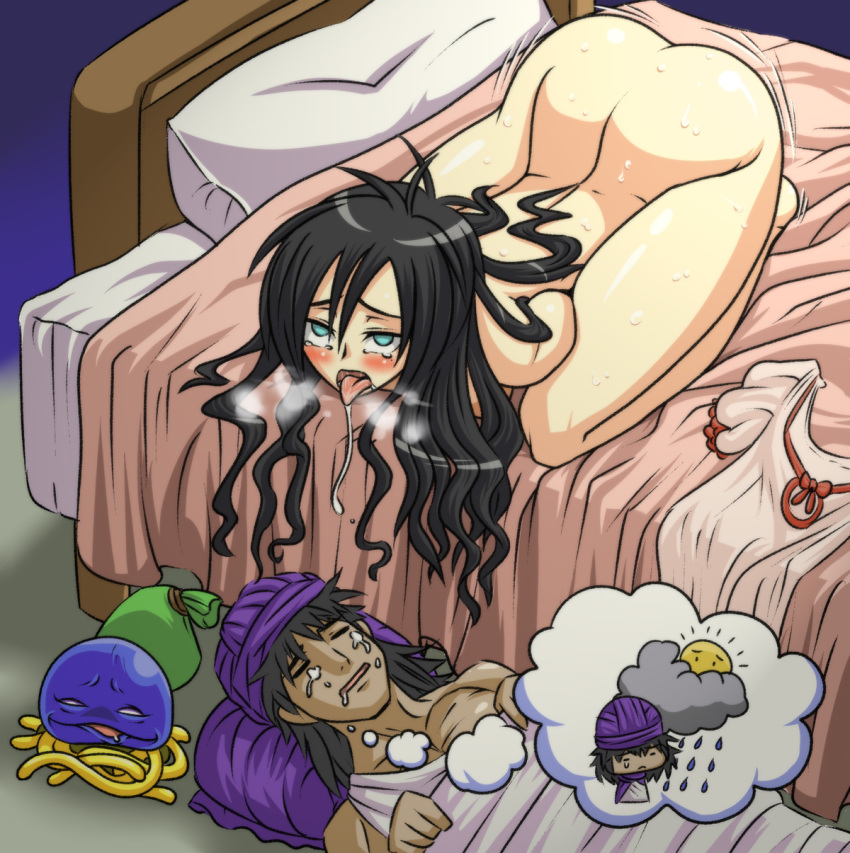 1boy 1girls aqua_eyes barefoot bed bed_sheet bent_over black_hair blush breath clothes_removed clothing completely_nude completely_nude_female debora_briscoletti dragon_quest dragon_quest_v dream dreaming female full_body healslime hero hero_(dq5) high_resolution male masturbation mole naked naked_female nude nude_female rolling_eyes saliva sheets sleeping slime_(dragon_quest) sweat tear tonda tongue turban unworn_clothes