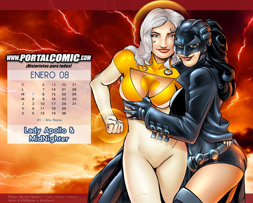 2girls apollo_(dc) black_hair blue_eyes dark_hair female female_only long_hair mariano_navarro midnighter rule_63 the_authority white_hair wildstorm