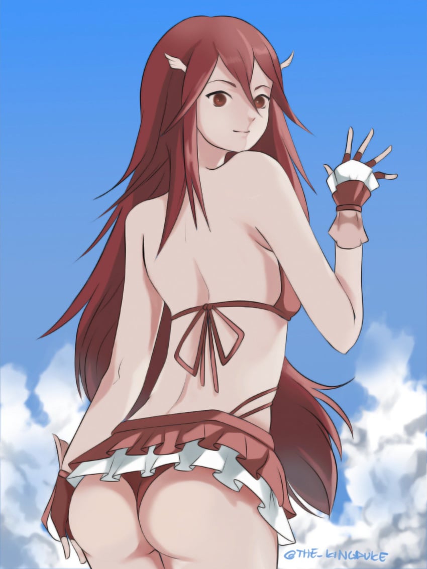 1girls ass back back_view bare_shoulders bikini cordelia_(fire_emblem) cordelia_(summer)_(fire_emblem) female fire_emblem fire_emblem_awakening fire_emblem_heroes gloves hair_ornament long_hair looking_at_viewer looking_back nintendo red_bikini red_eyes red_hair small_breasts solo solo_female swimsuit the_kingduke tommietomm very_long_hair