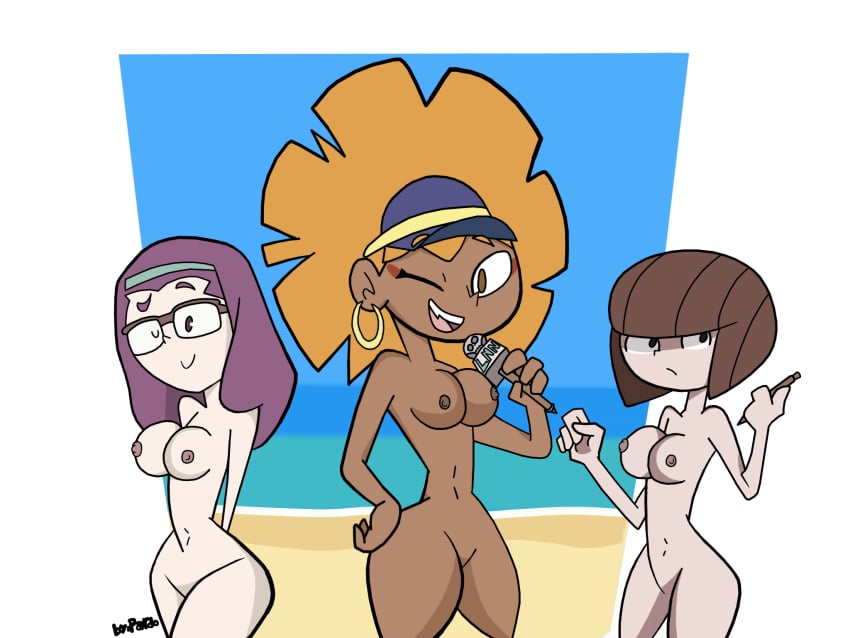 3girls breasts colored_background dark-skinned_female fanart glasses headwear holding holding_microphone holding_object holding_pen joanna_(little_witch_academia) kimberly_(little_witch_academia) little_witch_academia multiple_girls nudist nudist_beach pale-skinned_female polopanmaster studio_trigger wangari_(little_witch_academia) watermark wink winking