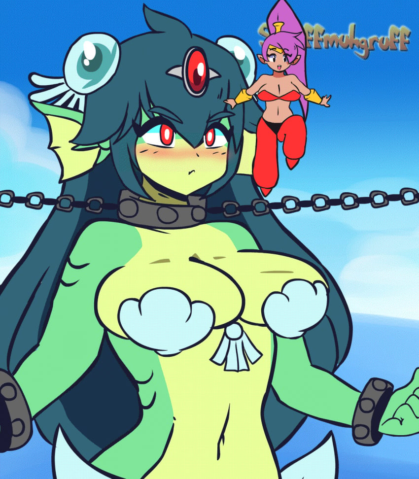 2girls animated bandeau bare_shoulders big_breasts blue_hair blue_sky blush bondage bouncing_breasts breasts chained chains cleavage cloud dark_skin female female_only femdom femsub genie genie_girl giantess giga_mermaid high_resolution humanoid jump_cycle jumping large_breasts long_hair loop mermaid mermaid_giantess monster_girl navel pants ponytail purple_hair scruffmuhgruff seashell_bra shantae shantae:_half-genie_hero shantae_(character) sky smooth_skin