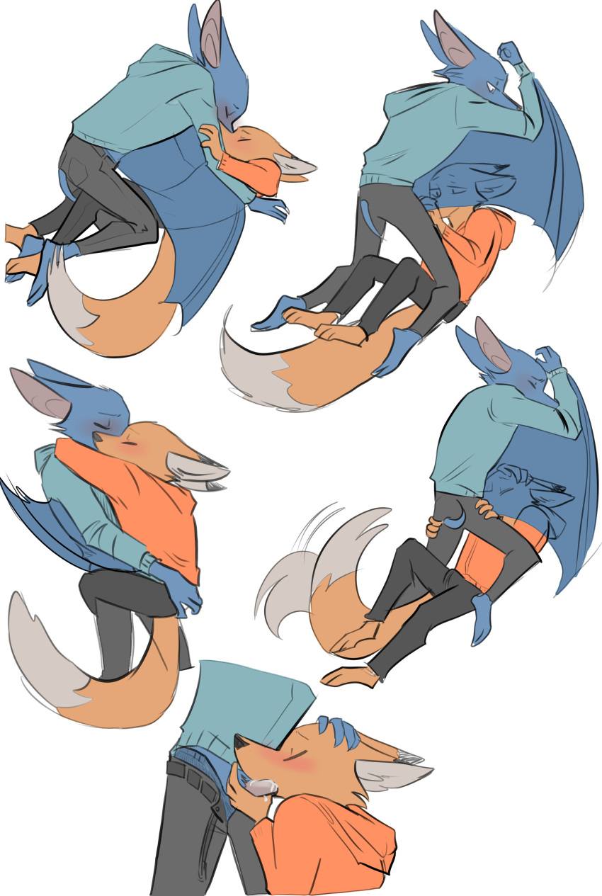 bat blush bodily_fluids clothed clothed_sex clothes comic cum cum_in_mouth cum_inside fox fox_ears fox_tail furry furry_only male_only montimer_(yinller) multiple_poses multiple_positions sucking vincent_(yinller) wings yinller