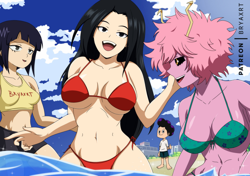 1boy 3girls beach big_breasts bikini bimbo black_hair breasts bryaxrt busty horns kyoka_jiro mina_ashido minoru_mineta momo_yaoyorozu my_hero_academia open_mouth pink_hair pink_skin purple_hair red_bikini smile staring_at_breasts teenager thumbs_up water