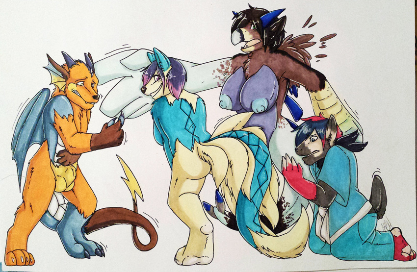 2boys 2girls alternate_color animal_genitalia anthro anthrofied avian bottomwear breasts chameleon claws clothing crimsoneclipse digitigrade dragon female furry group gryphon horn human kneeling legendary_pokémon lizard looking_back lugia male mammal mythological_avian mythology ninetales nintendo original_character pants plantigrade pokemon pokemon_(species) pokemon_gsc pokemon_rgby raichu reptile scalie sheath shirt simple_background snout standing surprise tail tail_growth testicles thick_tail thick_thighs topwear transformation video_games wide_hips wings zorua