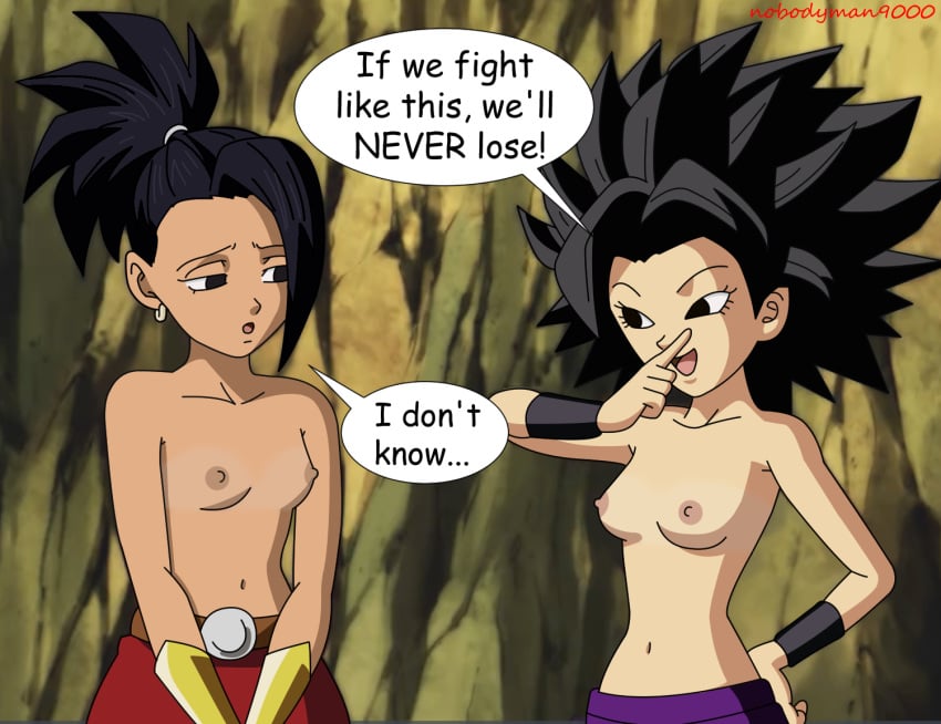 black_eyes black_hair breasts caulifla dragon_ball dragon_ball_super edit female kale light-skinned_female light_skin long_hair nobodyman9000 saiyan screenshot screenshot_edit spiky_hair topless