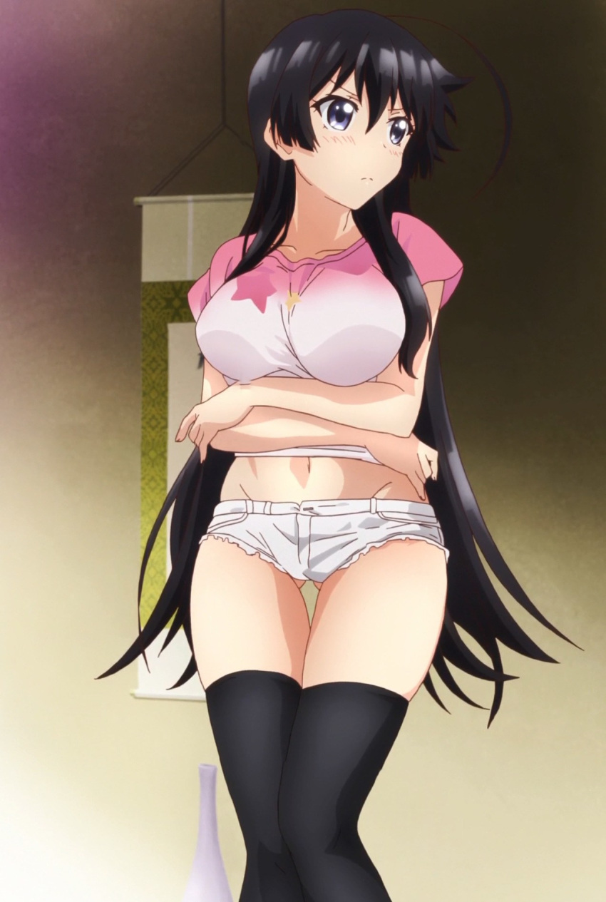 1girls ass_visible_through_thighs black_eyes black_hair breasts clothing dark_hair female jinryou_karen large_breasts legs legwear long_hair long_legs looking_away ore_ga_ojou-sama_gakkou_ni_"shomin_sample"_toshite_rachirareta_ken shorts shy slender_legs solo stockings thigh_gap thighhighs thighs wide_hips