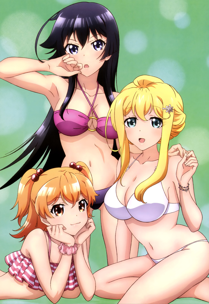 3girls arisugawa_reiko ass_visible_through_thighs bikini black_hair breasts cleavage jinryou_karen large_breasts long_hair nyantype ore_ga_ojou-sama_gakkou_ni_"shomin_sample"_toshite_rachirareta_ken swimsuit tenkuubashi_aika