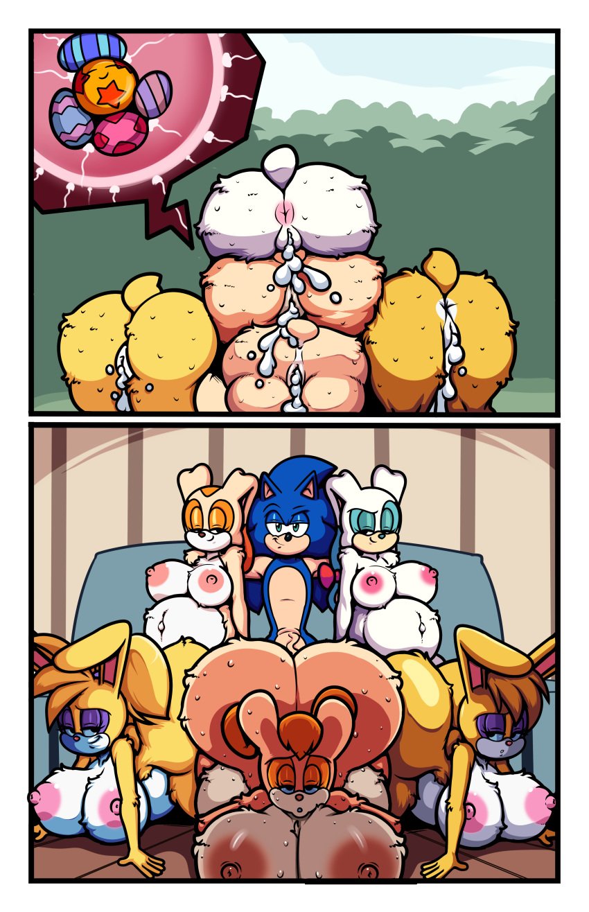 after_sex after_vaginal anthro before_and_during_pregnancy bunnie_rabbot buns_rabbot carrotia_the_rabbit comic cream_the_rabbit female group huge_breasts impregnation male multiple_girls multiple_pregnancies novelty_ovum ovum pregnant rabbit sonic_(series) sonic_the_hedgehog sperm_cell stacked turboranger vanilla_the_rabbit