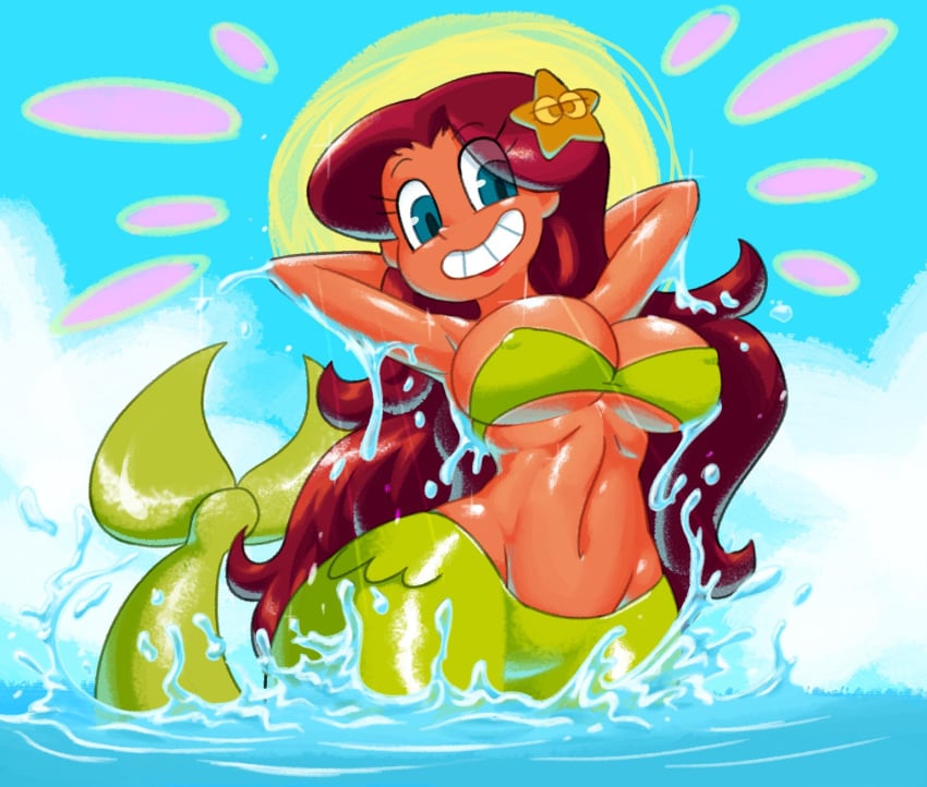 1girls bean_smile cleavage female female_only green_clothing green_tail huge_breasts jpeg marina_(zig_and_sharko) mermaid minus8 outdoors smile solo solo_female swimming water xilam zig_and_sharko