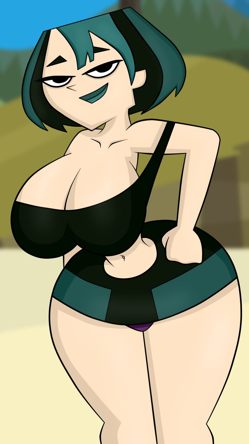 big_breasts black_eyes blue_hair cleavage female female_only goth green_hair gwen_(tdi) short_hair solo solo_female solo_focus total_drama_island vanilladream34