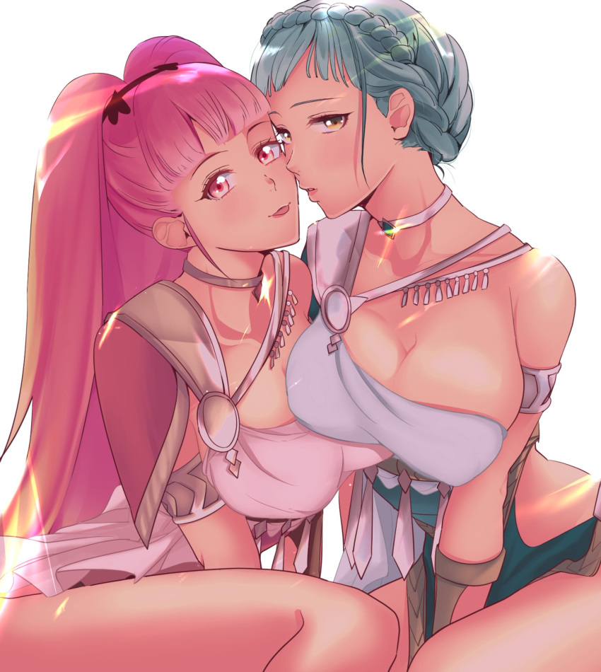 2girls alternate_costume blue_hair breasts cleavage dancer dancer_(three_houses) female female_only fire_emblem fire_emblem:_three_houses harem_outfit hilda_valentine_goneril huge_breasts marianne_von_edmund multiple_girls naughty_face nintendo seductive seductive_smile smile sou_mei source_request