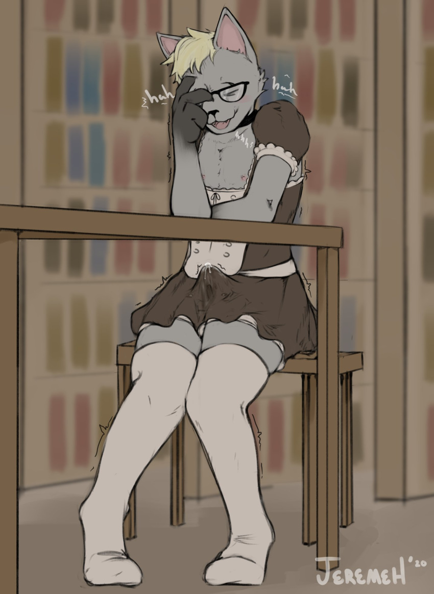 animal_crossing anthro bodily_fluids clothed clothing crossdressing cum cum_in_clothing cum_through_clothing eyewear genital_fluids glasses hand_on_face hi_res jeremeh legwear library maid_uniform male male_only nintendo orgasm_face raymond_(animal_crossing) shaking sitting solo thigh_highs under_the_table uniform video_games wet wet_clothing