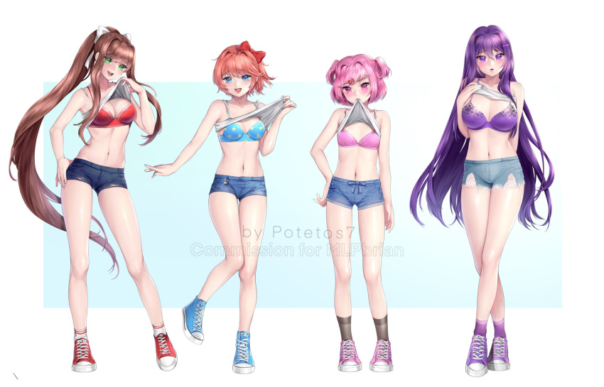 4girls artist_name big_breasts black_socks blue_bra blue_eyes blue_nails blue_shoes blue_shorts blush blushing bra breasts brown_hair busty cleavage clothing converse crop_top curvy denim_shorts doki_doki_literature_club eyebrows_visible_through_hair eyelashes female female_only fingernails flat_chest flat_chested fully_clothed green_eyes group hair_bow hair_pin hair_ribbon hairbow hairpin highres huge_breasts large_breasts lifted_by_self lips long_hair looking_at_viewer medium_breasts monika_(doki_doki_literature_club) mouth_hold multiple_females multiple_girls nail_polish natsuki_(doki_doki_literature_club) navel open_mouth petite pink_bra pink_eyes pink_hair pink_shoes ponytail potetos7 presenting presenting_breasts purple_bra purple_eyes purple_hair purple_nails purple_shoes purple_socks red_bow red_bra red_ribbon red_shoes sayori_(doki_doki_literature_club) shiny_hair shiny_skin shoes short_hair short_ponytail shorts sidelocks small_breasts smile smiling socks standing take_your_pick teeth thick_thighs tongue top_lift twintails underwear voluptuous watermark white_background white_bow white_ribbon white_socks white_top wide_hips yuri_(doki_doki_literature_club)