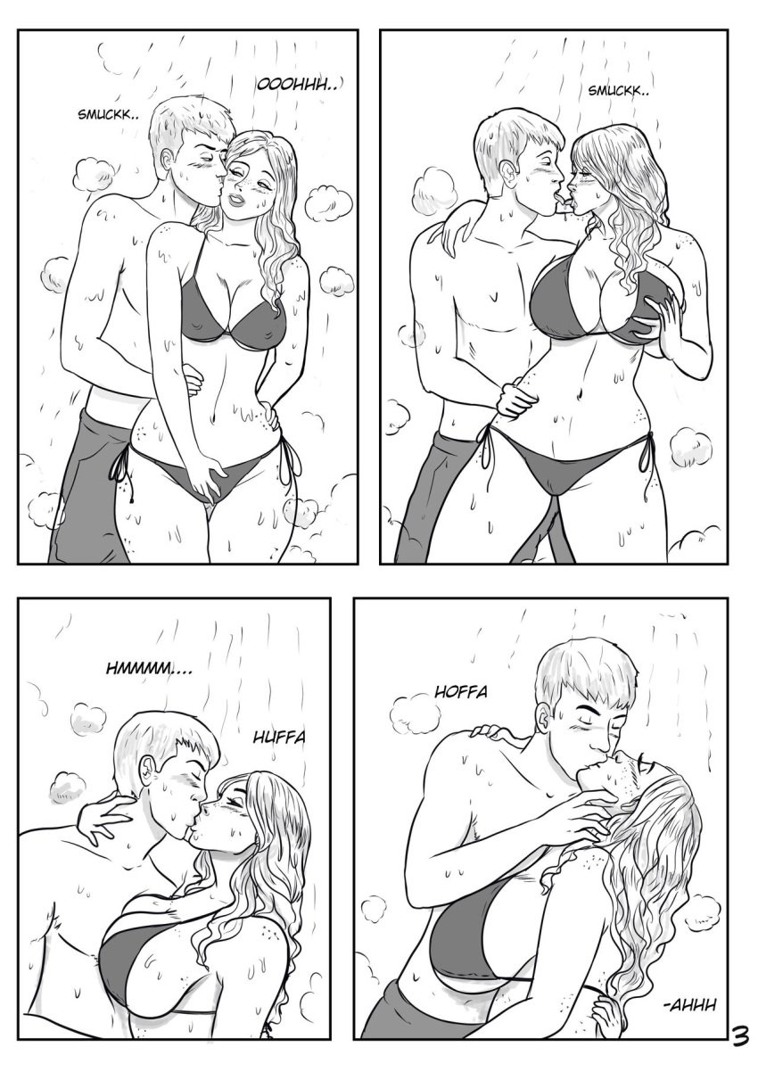 1boy 1girls ass ass_expansion bikini breast_expansion breast_grab breasts cleavage comic female giantess huge_breasts just-add-water99 kissing long_hair male self_fondle