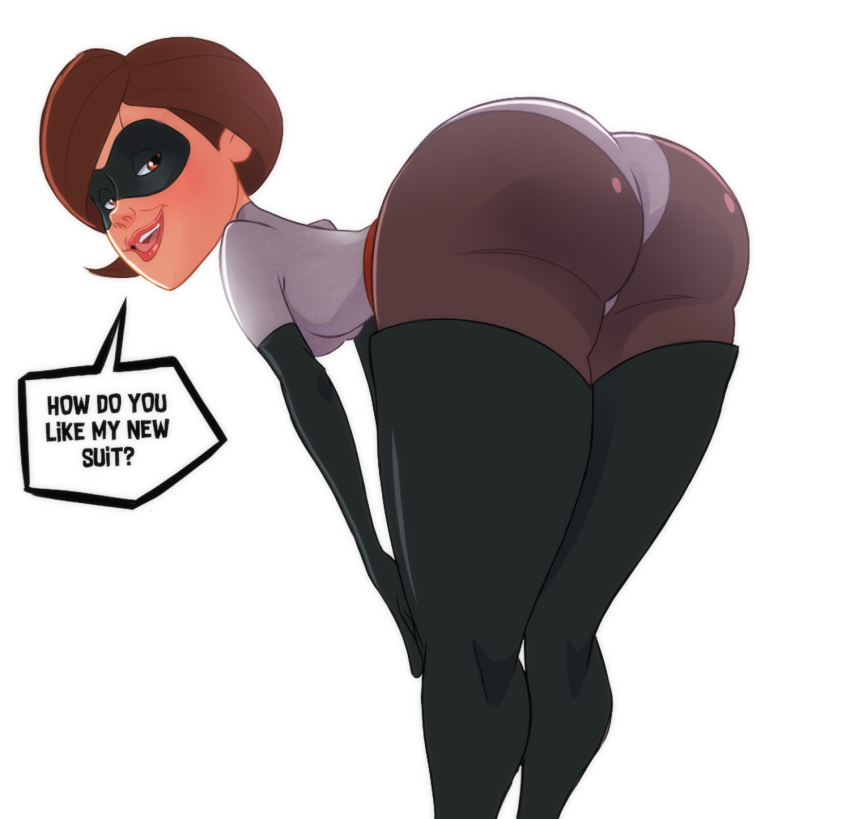 1girls alternate_costume armwear ass bent_over big_ass big_breasts brown_hair clothing datguyphil disney elastigirl elastigirl_(the_incredibles_2_supersuit) eyewear female female_only footwear handwear helen_parr legwear licking_lips mask mature_female milf panties pixar seductive_look short_hair showing_off showing_off_ass smile smooth_skin solo solo_female solo_focus speech_bubble suit superheroine text the_incredibles the_incredibles_2 thick_thighs thighhighs tongue_out