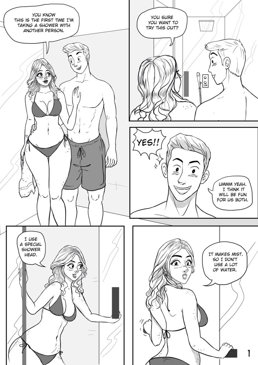 1boy 1girls ass ass_expansion bikini bra breast_expansion breasts cleavage comic female giantess just-add-water99 long_hair male monochrome