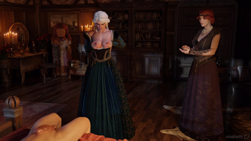 1boy 2girls 3d alternate_costume candlelight cd_projekt_red ciri clapping detailed_background empress_ciri fingerless_gloves highres holding_breast indoors laying_on_bed looking_down niodreth nude_male orianna_(the_witcher) partial_male pearl_necklace penis red_hair revealing_cutout royalty sex_education the_witcher the_witcher_(series) the_witcher_3:_wild_hunt touching_self training vampire white_hair