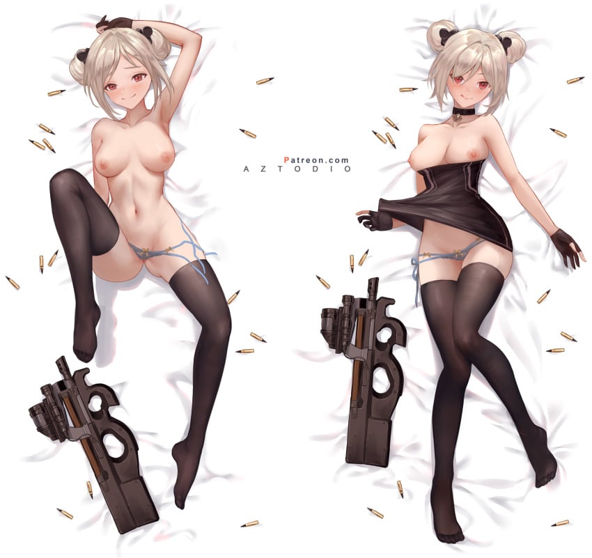 1girls azto_dio black_legwear breasts bullet bullpup dakimakura double_bun feet female girls'_frontline gloves gun highres nipples no_bra p90 p90_(girls_frontline) panties red_eyes short_hair silver_hair submachine_gun underwear weapon