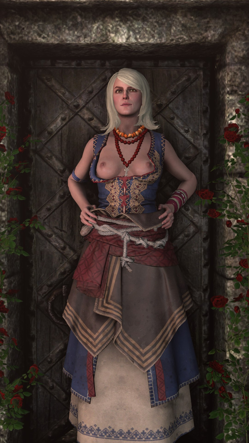 3d blonde_hair breasts breasts_out cd_projekt_red cross doorway female female_only keira_metz necklace_between_breasts partially_clothed revealing_cutout shittyhorsey solo standing the_witcher the_witcher_(series) the_witcher_3:_wild_hunt