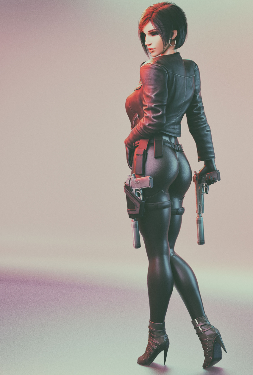 1girls 3d bob_cut gun high_heels leather_jacket morw overwatch pharah skintight_bodysuit suppressor weapons