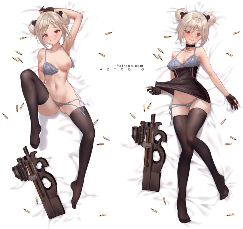 1girls azto_dio black_legwear bra breasts bullet bullpup dakimakura double_bun feet female girls'_frontline gloves gun highres looking_at_viewer nipples p90 p90_(girls_frontline) panties red_eyes short_hair silver_hair submachine_gun underwear weapon